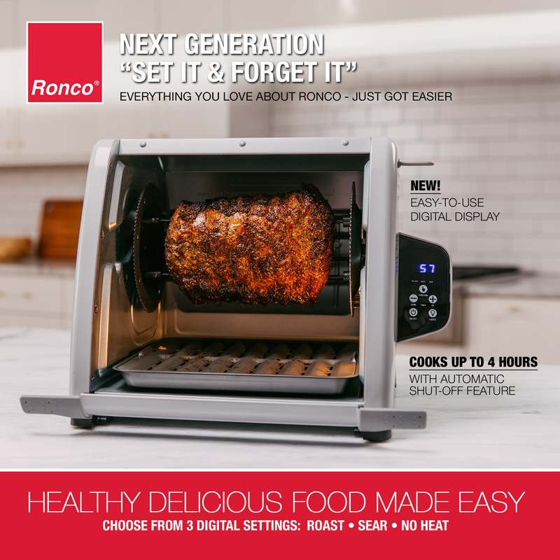 Ronco 6000 Digital Rotisserie Oven - Just Set it and Forget It. 3 Digital Settings includes roast, sear and no heat. The Ronco 6000 Rotisserie cooks up to 4 hours with an automatic shutoff feature and an easy-to-use digital display. Healthy, delicious food is easy with Ronco.