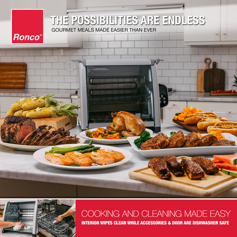 The possibilities are endless with Ronco's Digital 6000 Platinum Rotisserie Oven. Gourmet meals are made easier than ever and clean up is just as easy. The interior wipes clean while the removable glass door and accessories are dishwasher safe. 